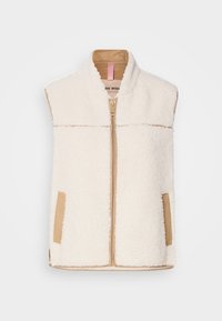 Faux fur cream vest with a beige zip front, collar, and side pockets, featuring a smooth fabric trim for contrast and texture.