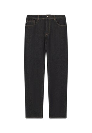 Jeans neri in denim a gamba dritta con tasche frontali, passanti per cintura e cuciture visibili arancioni, distesi su uno sfondo bianco.