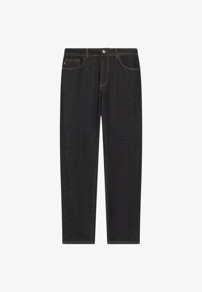 Jeans neri in denim a gamba dritta con tasche frontali, passanti per cintura e cuciture visibili arancioni, distesi su uno sfondo bianco.