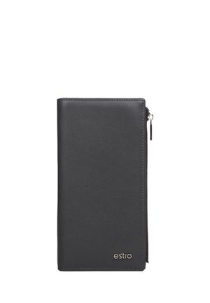Black leather wallet with a zippered closure, rectangular shape, smooth texture, embossed logo on the front, and stitching accents.