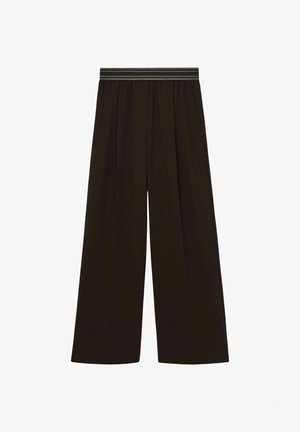 Schwarze weite Hosen mit einem gestreiften elastischen Bund, glattem Stoff und Seitentaschen. Designed für Komfort und Bewegungsfreiheit.