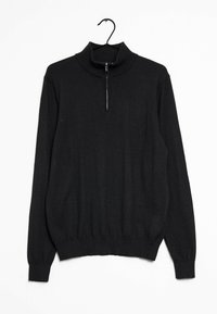 Pull-over noir avec un col montant à demi-fermeture éclair, manches longues, poignets et ourlet côtelés, confectionné dans un tissu doux.