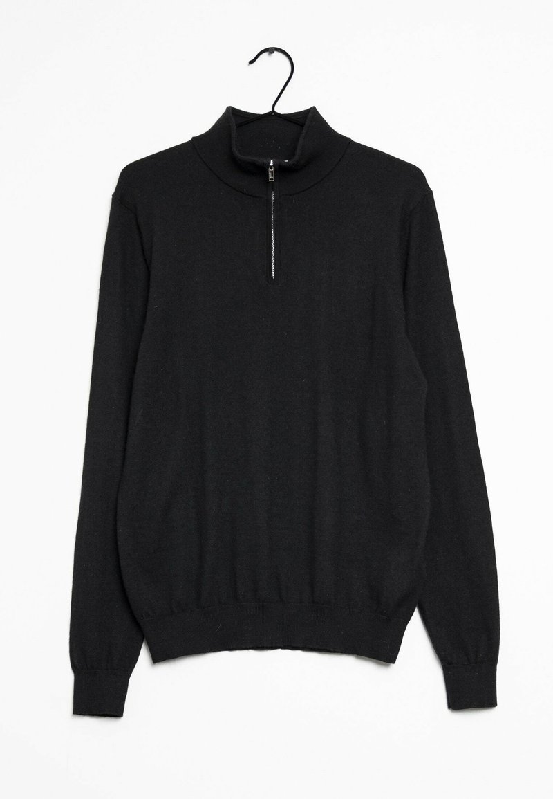 Pull-over noir avec un col montant à demi-fermeture éclair, manches longues, poignets et ourlet côtelés, confectionné dans un tissu doux.