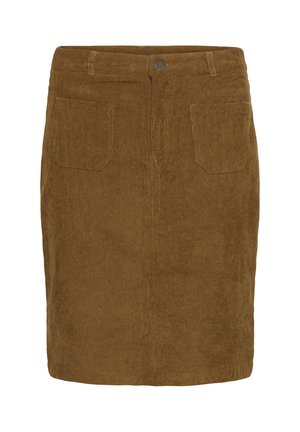 Jupe en velours côtelé marron avec une silhouette droite, dotée de deux poches avant et d'une fermeture à un seul bouton en métal à la taille.