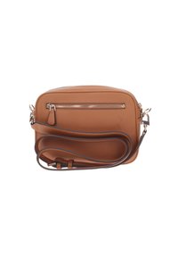 Borsa a tracolla in pelle tan con forma arrotondata, dotata di zip superiore e tasca frontale. Include una tracolla removibile per versatilità.