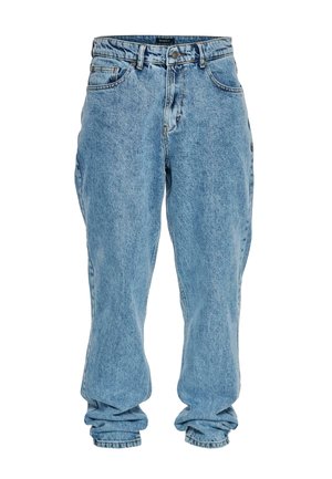 Helle blaue Denim-Jeans mit lockerer Passform, Fünf-Taschen-Design, Knopfverschluss und gerafften Bündchen an den Knöcheln, mit einer verwitterten Textur.