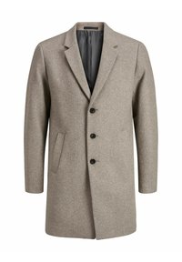 Cappotto lungo da uomo beige in lana con bottoni neri, colletto a risvolto, due tasche laterali e fodera interna nera.