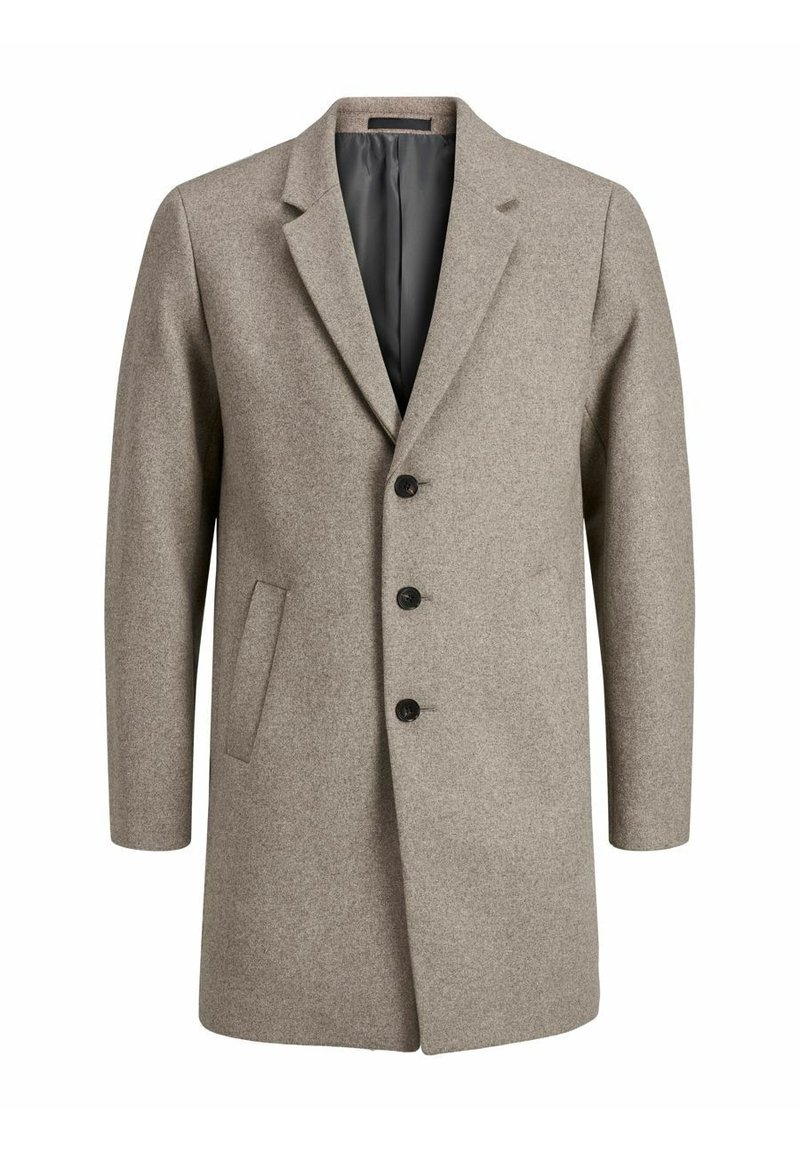 Cappotto lungo da uomo beige in lana con bottoni neri, colletto a risvolto, due tasche laterali e fodera interna nera.