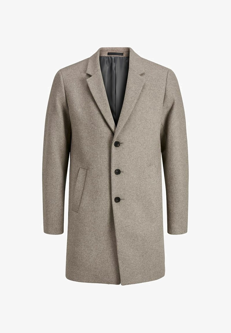 Cappotto lungo da uomo beige in lana con bottoni neri, colletto a risvolto, due tasche laterali e fodera interna nera.