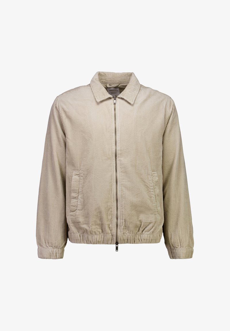 Beige fløjlsjakke med krave, lynlås foran og elastiske manchetter. To sidelommer og ribbet tekstur gennem hele stoffet.