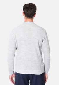 Maglione a maglia grigio chiaro con trama a coste, scollo rotondo e maniche lunghe. Presenta una vestibilità comoda e un orlo.