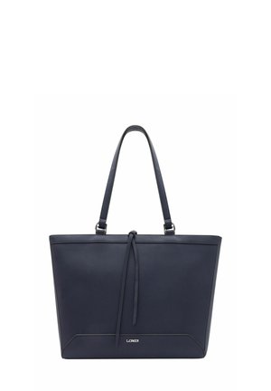 Sac cabas en cuir bleu marine avec deux anses d'épaule, un détail de lien central et un petit logo "L.CREDI" sur le devant.