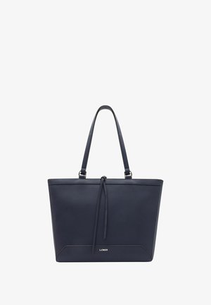 Sac cabas en cuir bleu marine avec deux anses d'épaule, un détail de lien central et un petit logo "L.CREDI" sur le devant.
