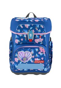 Blue backpack with heart pattern in pink and purple. Features a shell patch with rhinestones, star-shaped zipper pull, and front pocket.