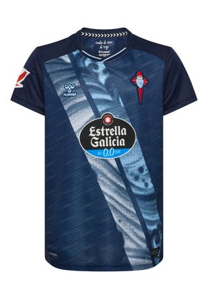 Marinblå sportströja med ett geometriskt mönster, utrustad med rund hals, sponsorlogotyp och lagets emblem på bröstet och ärmarna.