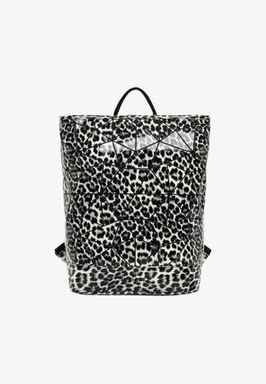 Leopard print backpack made of glossy synthetic material. Features geometric patterns, a top handle, and adjustable straps. Black and white colors.
