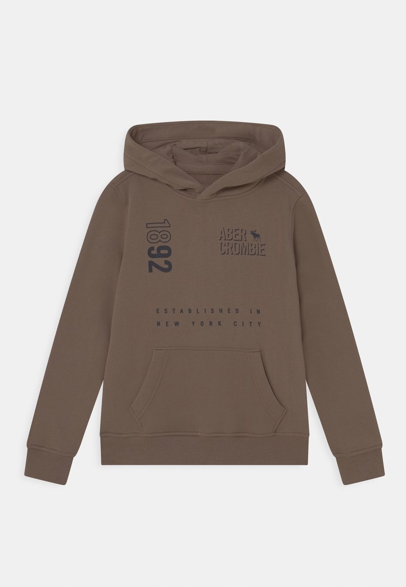 Sweat à capuche marron avec poche avant, impression verticale "1892", logo "Abercrombie" et orignal, et texte "Established in New York City".