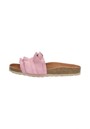 Pink slide sandal with three overlapping textile straps, cork footbed, and beige rubber outsole. Soft texture and flat design for comfort.