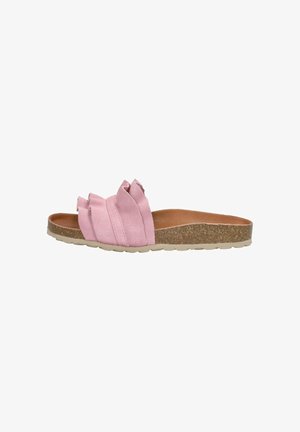 Pink slide sandal with three overlapping textile straps, cork footbed, and beige rubber outsole. Soft texture and flat design for comfort.