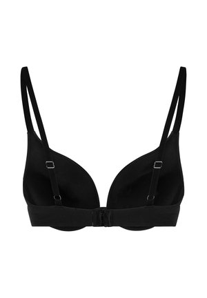 Zwarte push-up beha van gladde stof, met diepe cups, verstelbare bandjes en een haak-en-oogsluiting op de rug. Geen zichtbare patronen.