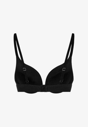 Soutien-gorge push-up noir en tissu lisse, avec des bonnets plongeants, des bretelles ajustables et une fermeture à crochets et œil au dos. Pas de motifs visibles.