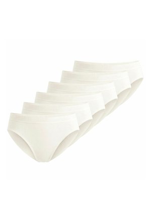 Six pairs of plain white cotton briefs arranged in a staggered row on a white background.