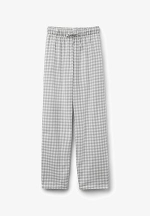 Pantalons de pyjama à carreaux gris en gingham avec une taille élastique et un cordon de serrage. Fabriqués en tissu doux, ils présentent un motif à carreaux et une coupe ample.