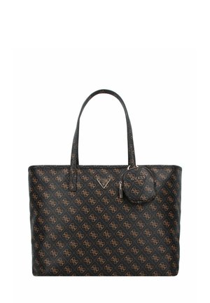 Borsa tote nera con un motivo a logo marrone ripetuto, materiale testurizzato, due lunghe maniglie e una pochette rotonda rimovibile attaccata da una catena.