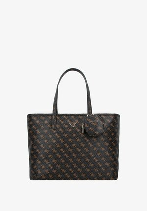 Borsa tote nera con un motivo a logo marrone ripetuto, materiale testurizzato, due lunghe maniglie e una pochette rotonda rimovibile attaccata da una catena.