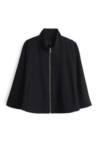 Black lightweight jacket with a high collar, zip front, and wide sleeves. Made of smooth fabric, featuring minimal seams and no visible hardware.
