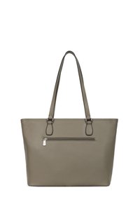 Borsa a tracolla in ecopelle verde oliva con due manici resistenti, una tasca frontale con zip e una superficie liscia e texturizzata.