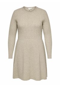 Vestido de punto en beige claro con mangas largas, textura acanalada en la parte superior, falda en forma de A y cuello redondo.