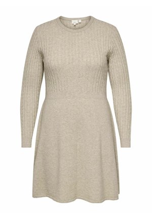 Vestido de punto en beige claro con mangas largas, textura acanalada en la parte superior, falda en forma de A y cuello redondo.