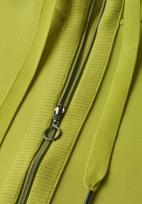 Gros plan sur une fermeture éclair d'un sweat à capuche vert partiellement fermé avec des cordons en tissu verts munis d'embouts métalliques de chaque côté.