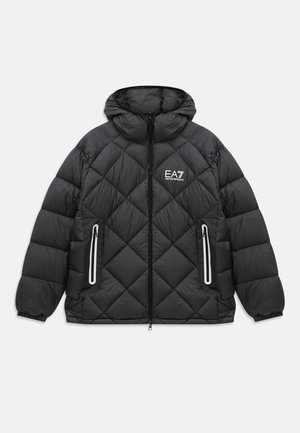 Black quilted jacket with hood, front zipper, two zippered pockets with reflective trims, and EA7 Emporio Armani logo on the chest.