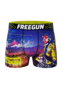 Boxers en tissu extensible présentant un design graphique vif d'un personnage dans une veste jaune, sur fond de paysage urbain néon.