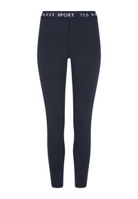 Granatowe legginsy o gładkiej fakturze, elastyczny pas z białym napisem „TED BAKER SPORT”. Dopasowany krój odpowiedni do aktywnego trybu życia.