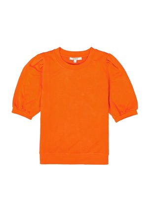 Oranges Kurzarmoberteil mit Puffärmeln, aus weichem Material gefertigt. Verfügt über einen Rundhalsausschnitt und eine lockere Passform. Keine sichtbaren Muster oder Akzente.