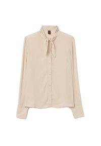 Langärmlige, hellbeige Bluse mit einer Bindeschleife am Hals, aus einem glatten, leichten Stoff gefertigt. Mit einer durchgehenden Knopfleiste und sanften Drapierungen.