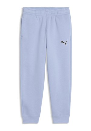 Pantalon de jogging bleu clair avec taille et poignets élastiques, avec un petit logo noir Puma sur la partie supérieure de la jambe gauche.
