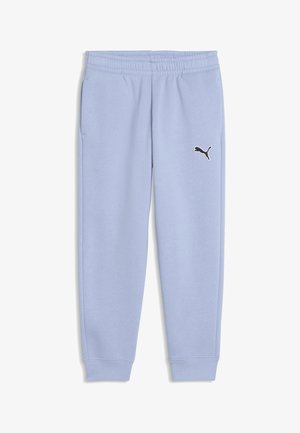 Jasnoniebieskie spodnie dresowe z elastycznym pasem i ściągaczami, z małym czarnym logo Puma na górnej lewej nodze.