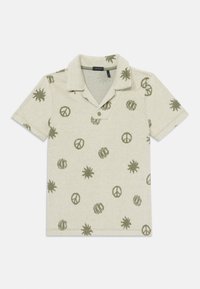 Beige lühikeste varrukatega polo särk avatud kraega, kaunistatud roheliste rahu sümbolite, päikesekujude ja ringjate mustritega.