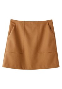 Jupe brune courte en tissu au toucher lisse, avec deux poches avant et une coupe simple et droite.