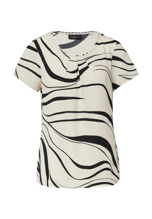 Kremskrāsas īsām piedurknēm, ar melnām viļņotām svītrām, ar apaļu kakla izgriezumu un frontā esošajiem šķautņu elementiem, kas piešķir papildu faktūru.