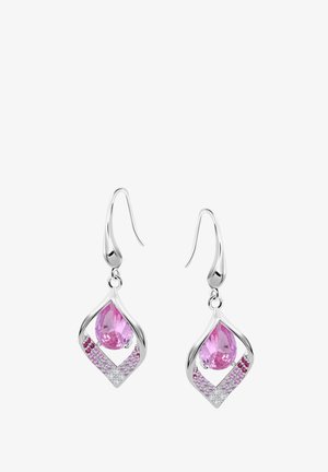 Boucles d'oreilles en forme de goutte d'eau rose avec un design en vagues argentées, ornées de petites pierres roses et claires dans un motif géométrique. Fermoir à crochet pour la fixation.