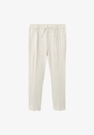 Svetlo béžové nohavice s rovnými nohavicami, elastickým pásom, šnúrkou, bočnými vreckami a záhybmi vpredu.