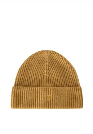 Gorro de punto marrón acanalado con puño doblado y pequeño logo bordado en el centro frontal del puño.