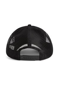 Black mesh cap with an adjustable plastic strap, featuring a rounded shape and ventilated back for breathability.