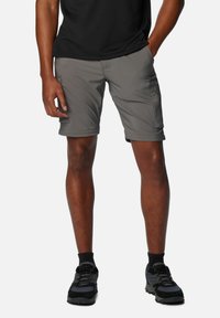 Gray cargo shorts made of lightweight material, featuring two side pockets, a smooth texture, and contrasting stitching detail.