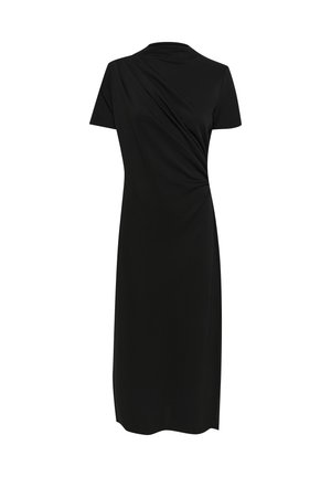 Schwarzes knielanges Kleid mit kurzen Ärmeln, das vorne ein drapiertes Design aufweist und aus glattem, weichem Stoff gefertigt ist.